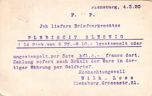 Schleswig 1920, 7 1/2 Pf. Ganzsache als Drucksache v. Flensburg i.d. NL