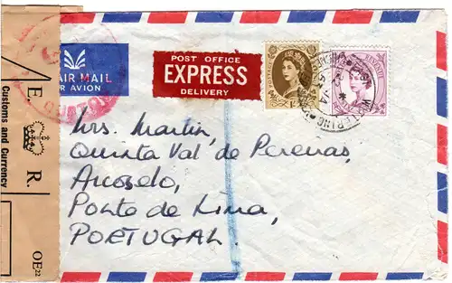 GB 1963, 6d+1 Sh. auf Luftpost Express Brief nach Portugal m. Post Customs seal