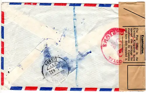 GB 1963, 6d+1 Sh. auf Luftpost Express Brief nach Portugal m. Post Customs seal