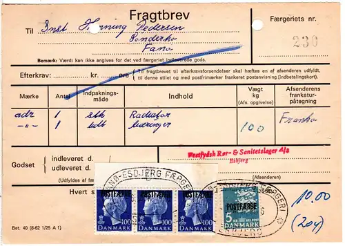 Dänemark 1976, 5+3x1Kr. Postfaerge auf Frachtbrief m. Schiffspost Fanö-Esbjerg