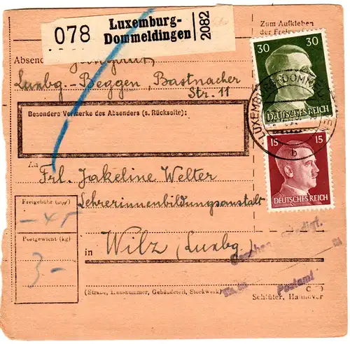 Luxemburg DR 1943, 15+30 Pf. auf Paketkarte v. Dommeldingen m. Zustellgebühr-L2