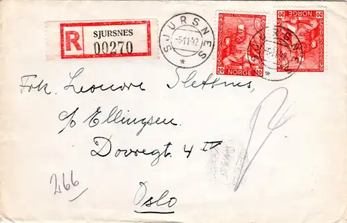 Norwegen 1942, MeF 2x20 öre Sturlason auf Reko Brief v. Sjursnes, Troms&Finnmark