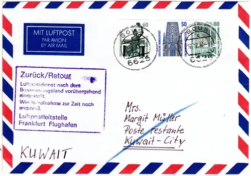 BRD 2000, 3 Marken auf Postsperre Retour Brief v. Bous n. Kuwait.