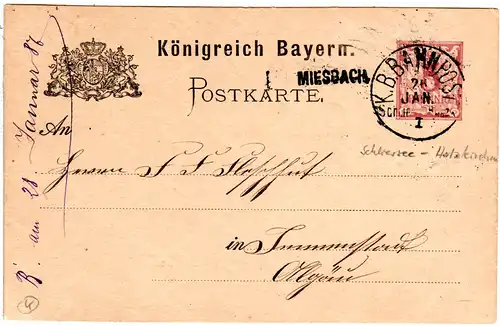 Bayern 1887, MIESBACH Stations-L1 auf Ganzsache m. Bahnpost Schliers.-Holzk. I
