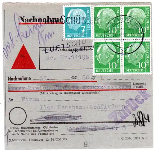 BRD 1958, 7+4er-Block 10 Pf sauber entwertet auf NN Paketkarte v. Braunschweig.