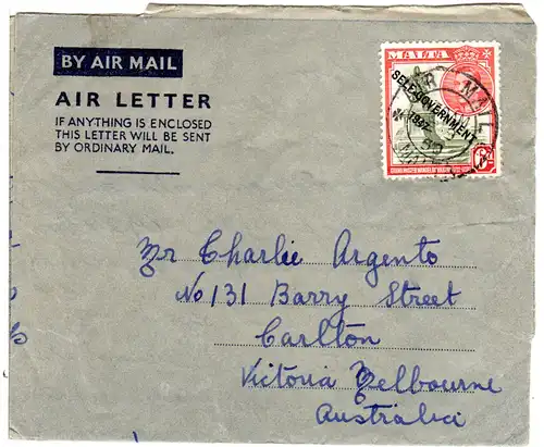 Malta 1950, 6d auf Air Letter Luftpost Brief n. Australien. 