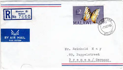 Malawi 1966, Höchstwert 2 Pfund auf Einschreiben Luftpost Brief n. Deutschland