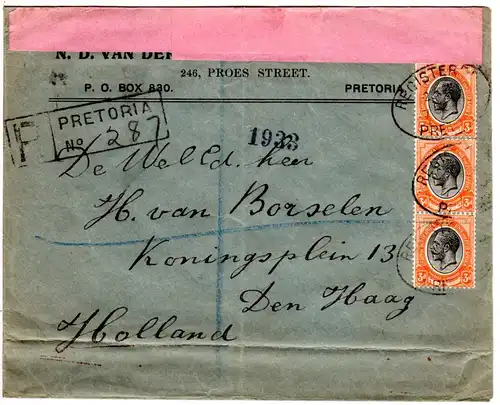 Südafrika 1915, 3x3d auf Einschreiben Zensur Brief v. Pretoria i.d. NL