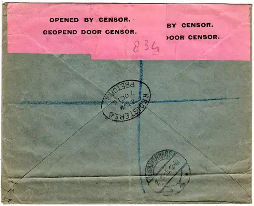 Südafrika 1915, 3x3d auf Einschreiben Zensur Brief v. Pretoria i.d. NL