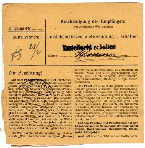 Luxemburg DR 1943, 25+20 Pf. auf Paketkarte m. rs. L1 Zustellgeld erhalten
