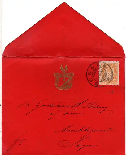 Norwegen 1893, 3 öre auf rotem Neujahrsgruss-Couvert v. Bergen m. Goldwappen