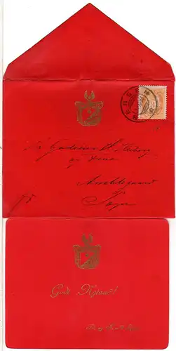 Norwegen 1893, 3 öre auf rotem Neujahrsgruss-Couvert v. Bergen m. Goldwappen