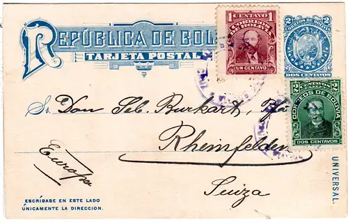 Bolivien 1907, 2 C. Ganzsache m. Zusatzfr. 1+2 C. v. Santa Cruz i.d. Schweiz.