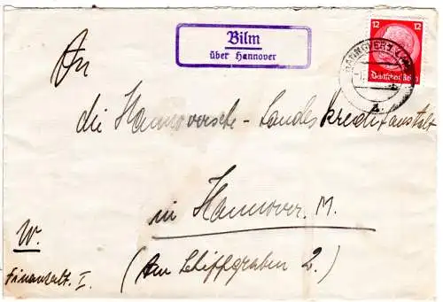 DR 1933, Landpost Stpl. BILM über Hannover auf Brief m. 12 Pf.
