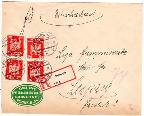 DR 1925, MeF 4x10 Pf. auf Firmen Einschreiben Brief v. Rosswein n. Leipzig.