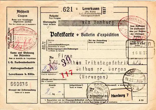 DR 1927, Paketkarte m. Gebühr bezahlt Ovalstempel v. Leverkusen n. Norwegen