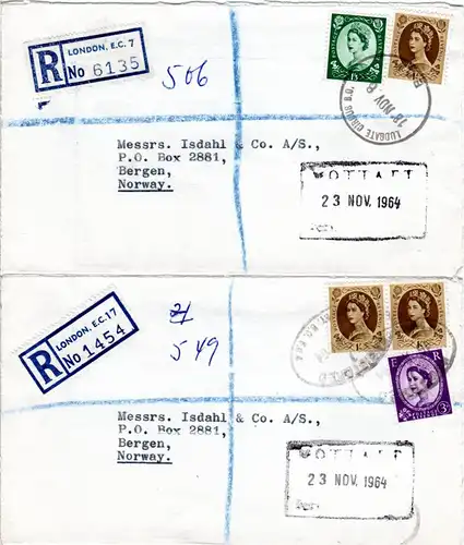 GB 1964, 2 Einschreiben Briefe m. versch. Frankaturen v. London n. Norwegen