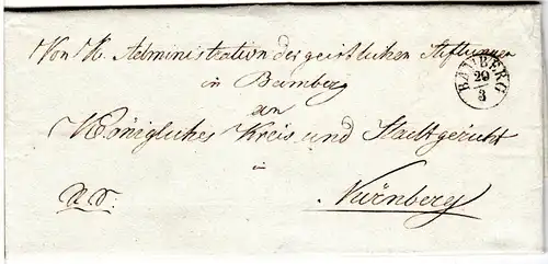 Bayern 1841, Fingerhut Stpl. Bamberg klar auf sauberem Brief n. Nürnberg