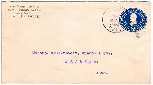 USA 1906, 5 C. Ganzsache Brief v. Lewes Delaware n. Java, NL Indien