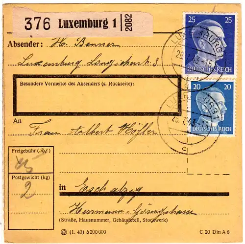 Luxemburg DR 1943, 20+25 Pf. auf Paketkarte n. Esch m. rs. Zustellgebühr-L2