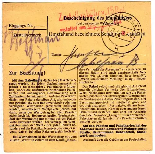 Luxemburg DR 1943, 20+25 Pf. auf Paketkarte n. Esch m. rs. Zustellgebühr-L2