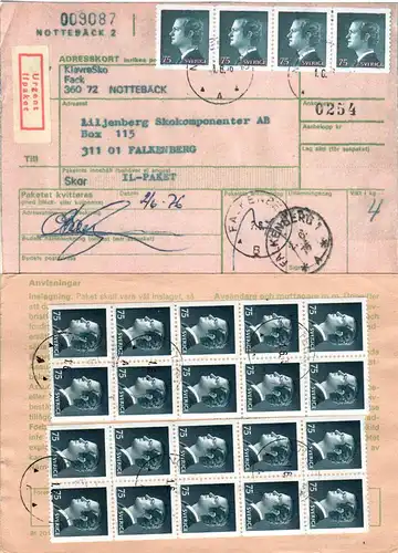 Schweden 1976, Me-Massenfrankatur 24x75 öre auf Paketkarte v. Partille