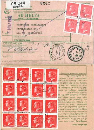 Schweden 1978, Me-Massenfrankatur 20x1,10 Kr. auf Paketkarte v. Ljungskile