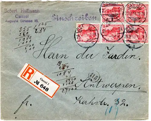 DR 1910, MeF 5er-Block 10 Pf. auf Firmen Einschreiben Brief v. Cassel i.d. NL