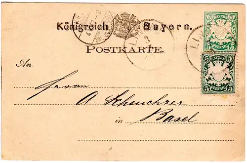 Bayern 1877, 5 Pf. WZ "weite Welle" auf 5 Pf. Ganzsache v. Lindau i.d. Schweiz