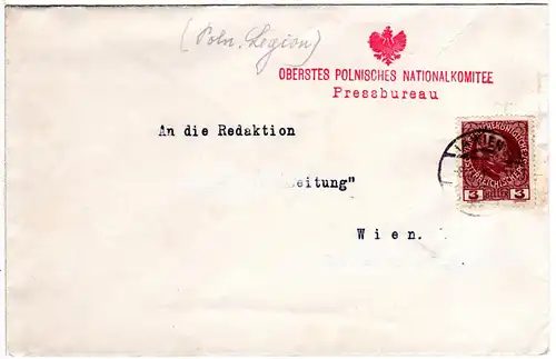 Österreich Polen 1915, 3 H. auf Brief Oberstes Polnisches Nationalkomitee Wien