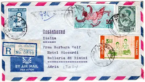 Thailand 1964, 4 Marken auf schönem Luftpost Reko Brief v. Chiangmai n. Italien