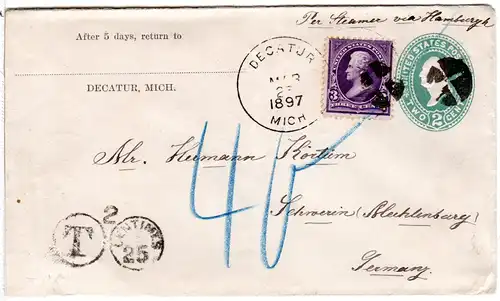 USA 1897, 3 C. auf 2 C. Ganzsache Brief m. Portostpl. v. Decatur n. Deutschland