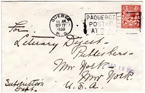 GB 1930, 1 1/2d on ship letter to NY with Quebec PAQUEBOT machine cancel