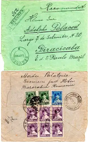 Rumänien 1930, 9 Marken rückseitig auf Reko-Brief v. Secureni n. Brasilien