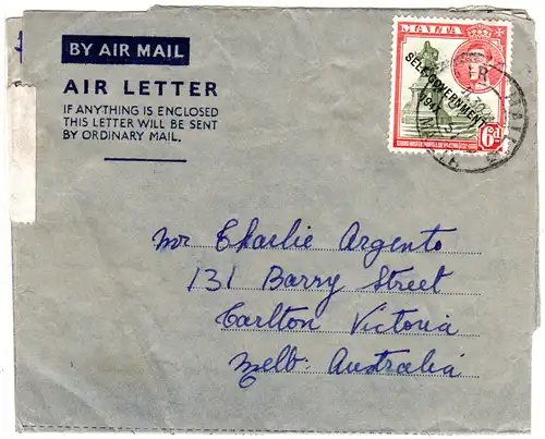 Malta 1951, 6d auf Air Letter Luftpost Brief n. Australien. 