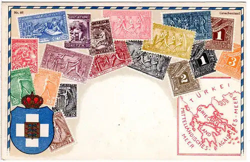 Griechenland, Landkarte u. Wappen sowie Olympiamarken, ungebr. Farb-AK 