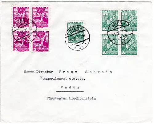 Österreich 1937, 8 G.+4er-Blöcke 5+8 G. auf Brief v. Wien n. Liechtenstein.