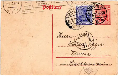DR 1920, 20 Pf. auf 10 Pf. Ganzsache m. Zensur v. Berlin n. Vaduz Liechtenstein