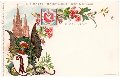 Schweiz, die ersten Briefmarken, Basel Tübli, reich verzierte Farb-AK 