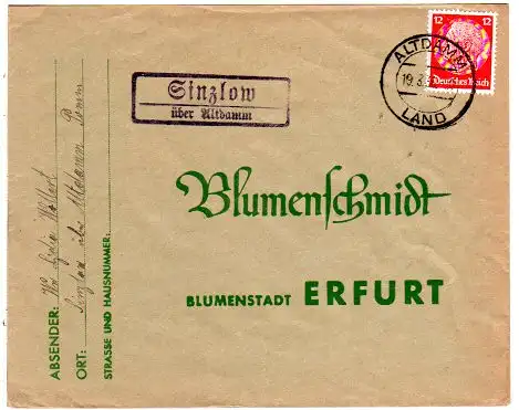 DR 1936, Landpost Stpl. SINZLOW über Altdamm auf Brief m. 12 Pf.