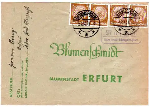 DR 1937, Landpost Stpl. NASSAU über Bad Mergentheim auf Brief m. MeF 4x3 Pf.