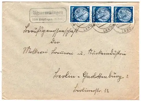 DR 1935, Landpost Stpl. UTZMEMMINGEN über Bopfingen auf Brief m. MeF 3x4 Pf.