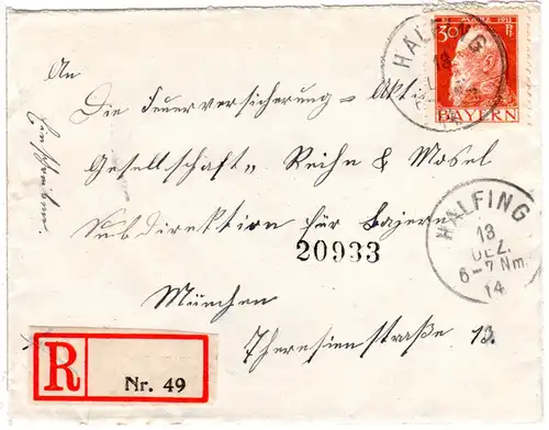 Bayern 1914, 30 Pf Luitpold auf Einschreiben Brief v. Halfing m. Blanko R-Zettel