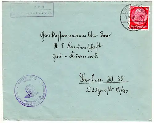 DR 1938, Landpost Stpl. PROTZEN über Neuruppin auf Brief m. 12 Pfg.