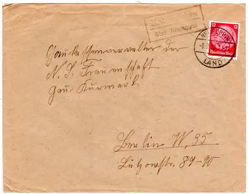 DR 1938, Landpost Stpl. RADENSLEBEN über Neuruppin auf NSDAP Brief m. 12 Pf. 