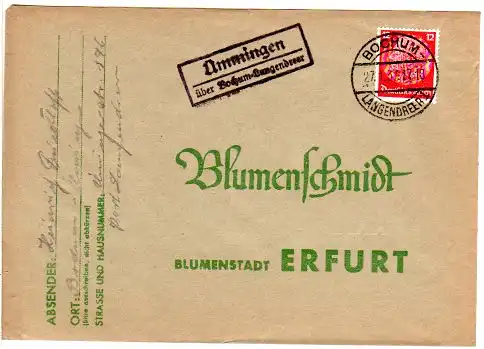 DR 1937, Landpost Stpl. ÜMMINGEN über Bochum Langendreer auf Brief m. 12 Pf.
