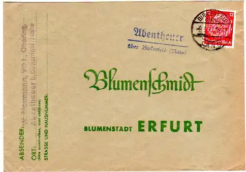 DR 1937, Landpost Stpl. ABENTHEUER über Birkenfeld (Nahe) auf Brief m. 12 Pf.