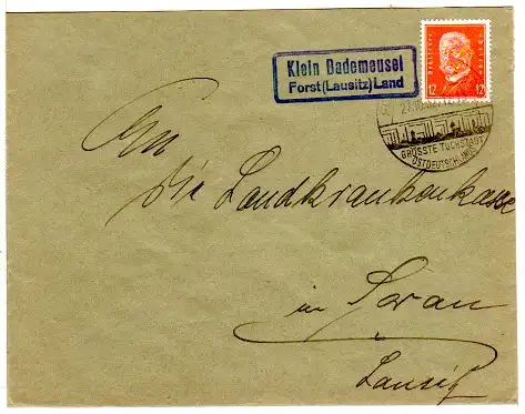 DR 1932, Brief m. Landpost Stpl. KLEIN BADEMEUSEL über Forst (Lausitz) Land 