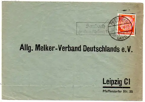 DR 1933, Landpost Stpl. SAUBACH über Freyburg (Unstrut) auf Brief m. 12 Pf.