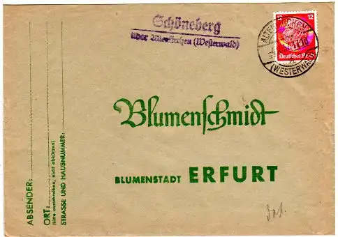 DR 1937, Landpost Stempel SCHÖNEBERG über Altenkirchen auf Brief m. 12 Pf.